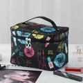 Large portable cosmetic travel bag with colorful rose and makeup pattern prints - Black Rose