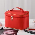 Large capacity red portable makeup bag with gold zipper for travel and daily storage. - Solid Red