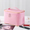 Large capacity portable pink travel makeup bag with elegant gold trim and sturdy handle - Solid Pink
