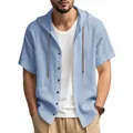 Front detail view of men's blue cotton linen hooded shirt with button closure and cords - S / Tops / Light Blue