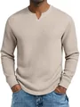 Detalle de textura de gofres beige en camiseta casual de hombre de manga larga con cuello en V - Caqui / S