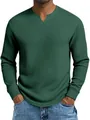 Men's forest green waffle knit long sleeve shirt with V-notch neckline slim fit design - Dark Green / S