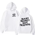 Sweat à capuche blanc stylé avec l'imprimé 'MAKE MONEY NOT FRIENDS' à l'avant et à l'arrière - S / Hauts / Blanc