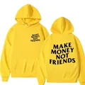 Gelber Streetwear-Hoodie mit 'MAKE MONEY NOT FRIENDS'-Aufdruck, Vorder- und Rückseite - S / Oberteile / Gelb