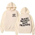 Stylischer cremefarbener Hoodie mit 'MAKE MONEY NOT FRIENDS' Aufdruck auf Vorder- und Rückseite - S / Oberteile / Aprikose