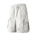 Men's quick-dry cargo shorts featuring grey marble pattern and elastic drawstring waist - S / Bottoms / White