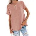 Women's loose casual V-neck short sleeve T-shirt with chest pocket in dusty rose pink - S / Tops / Pink
