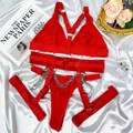 Sexy 4-delige rode lingerieset met zilveren kettingen en verstelbare beenbanden - S / Boven- En Onderstuk / Rood
