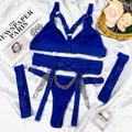 Sexy 4-delig lingeriesetje in koningsblauw met metalen kettingen en riemen - S / Boven- En Onderstuk / Saffierblauw