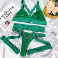 Set lingerie bondage 4 pezzi verde smeraldo con catene d'argento e reggicalze - Taglia S / Top E Pantaloni / Verde Scuro