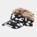 Creative camouflage sun visor hat featuring a brown spiked faux hair wig for men - Adjustable / Brown Wig B&W Camouflage Style (36#色)
