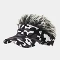 Camouflage sun visor hat with grey synthetic wig hair for novelty cosplay parties - Adjustable / Gray-Black Wig B&W Camouflage Style (35#色)