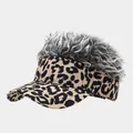 Funny leopard print visor hat with grey faux hair wig for outdoor costume parties - Adjustable / Gray Wig Black Leopard Print Style (38#色)