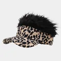Novelty leopard print sun visor hat featuring a creative black faux hair wig design - Adjustable / Black Wig Black Leopard Print Style (37#色)