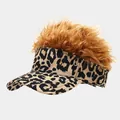 Funny leopard print sun visor hat featuring a messy brown wig top for outdoor parties - Adjustable / Tan Wig Black Leopard Print Style (39#色)