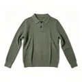 Classic men's long sleeve waffle knit polo sweater in olive green with ribbed hem and cuffs - M / Tops / Army Green