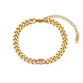 Bracciale a catena groumette in acciaio placcato oro con gemma rosa rotonda. - Stile Maglia Cubana con Pietra Rosa Rotonda (B0328) / Oro e Rosa