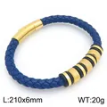 Premium mens blue braided leather bracelet with gold magnetic clasp and knurled beads - Blue Leather Gold Beads Style (KB214740-SJ) / 210x6mm / Blue