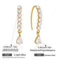 Detail view of gold stainless steel earrings with sparkling teardrop zircon pendants. - Gold Water Drop Zirconia Dangle Earrings (JDE0105322) / Gold