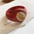 Chunky red acrylic bangle with amber resin stone inlay and gold rim detail - Geometric Open Style (7#)