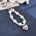 Elegant white pearl beaded keychain featuring a polished silver-tone heart charm - K1553 8 Pearls + Heart Pendant / Charm