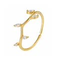 Anello regolabile in argento S925 placcato oro con zirconi a forma di foglia brillante - Stile Ramo Irregolare (K2639) / 25.12