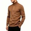 Bruine coltrui voor heren met verticaal breipatroon, slim fit basislaag - S / Donkerbruin