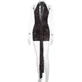 Detailed front view of a sexy deep V-neck leopard print halter mini dress - Short Leopard