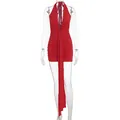 Elegant red halter neck deep V-neck ruched mini dress for vacation and banquet parties. - Short Red