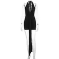 Detail of a sexy deep V-neck halter ruched black mini bodycon dress with long ties. - Short Black