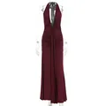 Front view of an elegant burgundy halter neck backless long dress with ruched details - Burgundy