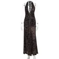 Detailed view of backless leopard print halter dress with elegant ruched design - S / Leopard Print