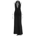 Elegant black halter-neck maxi dress with deep V-neck and ruched slim-fit silhouette. - S / Black
