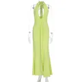 Elegant lime green halter neck maxi dress with sexy deep V-neck and ruched bodycon fit - Green