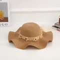 Elegant straw sun hat for women with flower trim and wide wavy brim for beach vacations - Coffee Heart (solid Color) Khaki