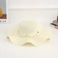 Elegant beige straw sun hat with wavy brim and delicate floral decorations for beach vacations - Coffee Heart (solid Color) Milk White