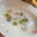 Pastel floral and pearl shoe charms for hole shoes on decorative plate - 14 Piece Set / Green-White