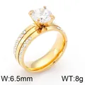 Élégante bague en acier doré avec zircone cubique à 4 griffes et gemmes latérales serties - Taille 5 / Style Pavé Double Rangée Or