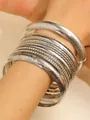 Ensemble de joncs empilables argentés avec textures géométriques et cristaux - Ensemble de Strass à Texture Géométrique Argenté (A-969) / Or blanc
