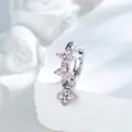 Elegante pendiente de aro plateado con flores de circón rosa y diseño minimalista - Pieza Única / Rosa