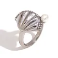 Elegant silver stainless steel shell ring featuring a lustrous pearl and crystal details - Silver Shell Pearl Ring (R5012) / Silver / Size 6