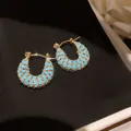 Vintage gold-plated hoop earrings with pavé-set light blue zircon stones jewelry - 37# Huggie Earrings - Gold - Blue