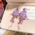 Handcrafted purple glass flower tassel earrings featuring a sweet crystal drop design - Streaming Flower Tassel (61# 925 Sterling Silver Earring Post-Gold) / Purple