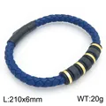 Men's blue woven leather bracelet with textured steel beads, 210x6mm - Blue Leather Black Beads Style (KB214741-SJ)