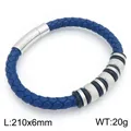 Men's blue braided microfiber leather bracelet with stainless steel knurled beads - Blue Leather Silver Beads Style (KB214742-SJ)