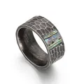 Vintage men's hammered stainless steel ring with colorful natural abalone shell inlay - Boil Black Kr101000-k / Size 7