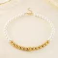 Elegant French style faux pearl and gold round bead necklace with adjustable chain for women - Round Bead Patchwork Style (KN288914-Z) / Gold