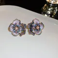 Boucles d'oreilles fleuries de style palais vintage avec zircon coloré et perles - Boucles d'Oreilles Clous avec Tige en Argent (9#) / Violet