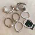 Elegant collection of French style pearl and silver beaded stretch bracelets and cuffs - 7-piece Set / 68# Bangle Silver White Pearl