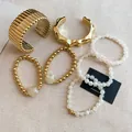 Detailed view of 7pcs French style gold and pearl beaded bracelet set for women - 7-piece Set / 69# Bangle Gold White Glass